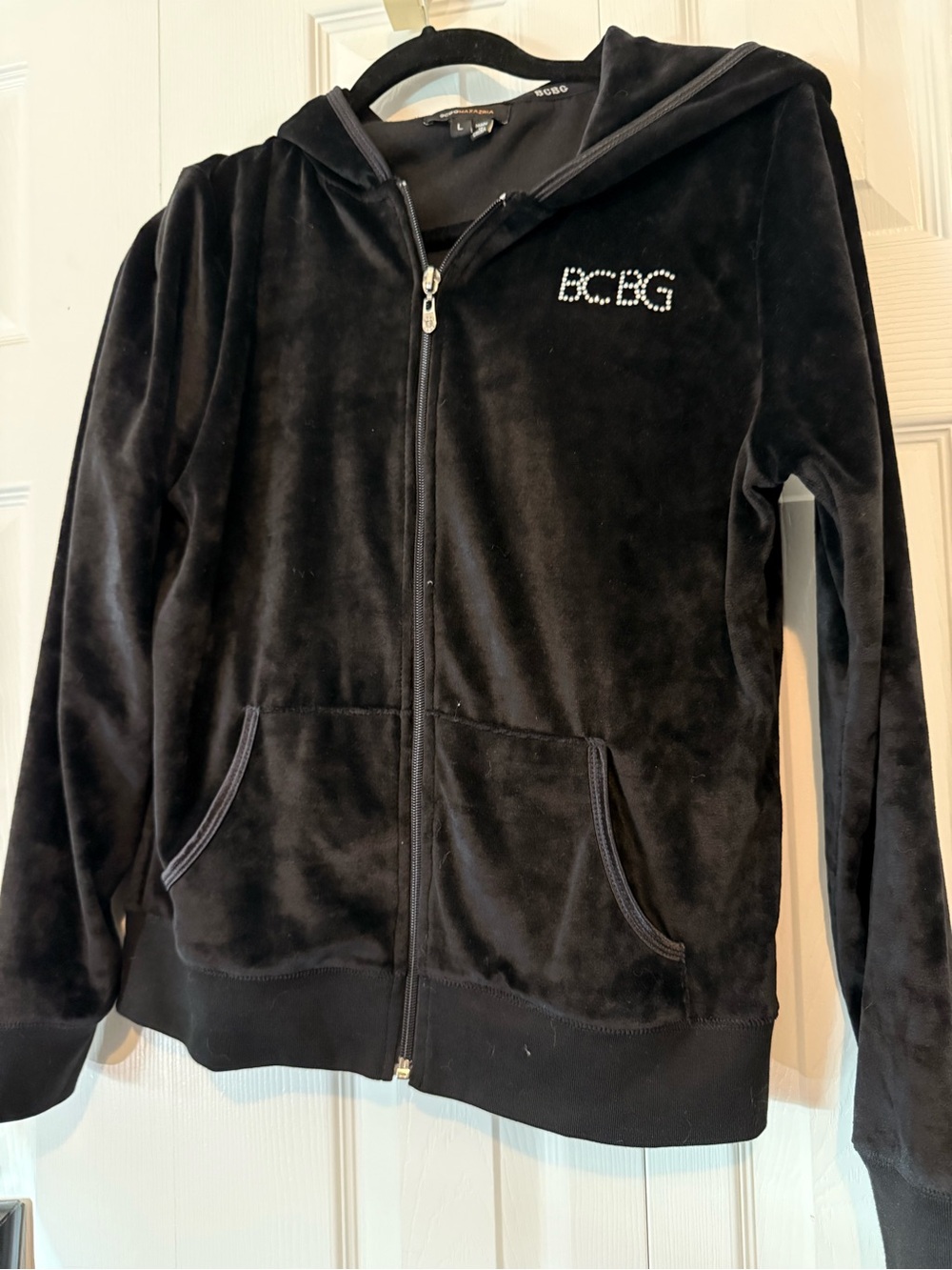 BCBGMaxAzria Black Velour Hooded Zip Jacket with Crystal Logo